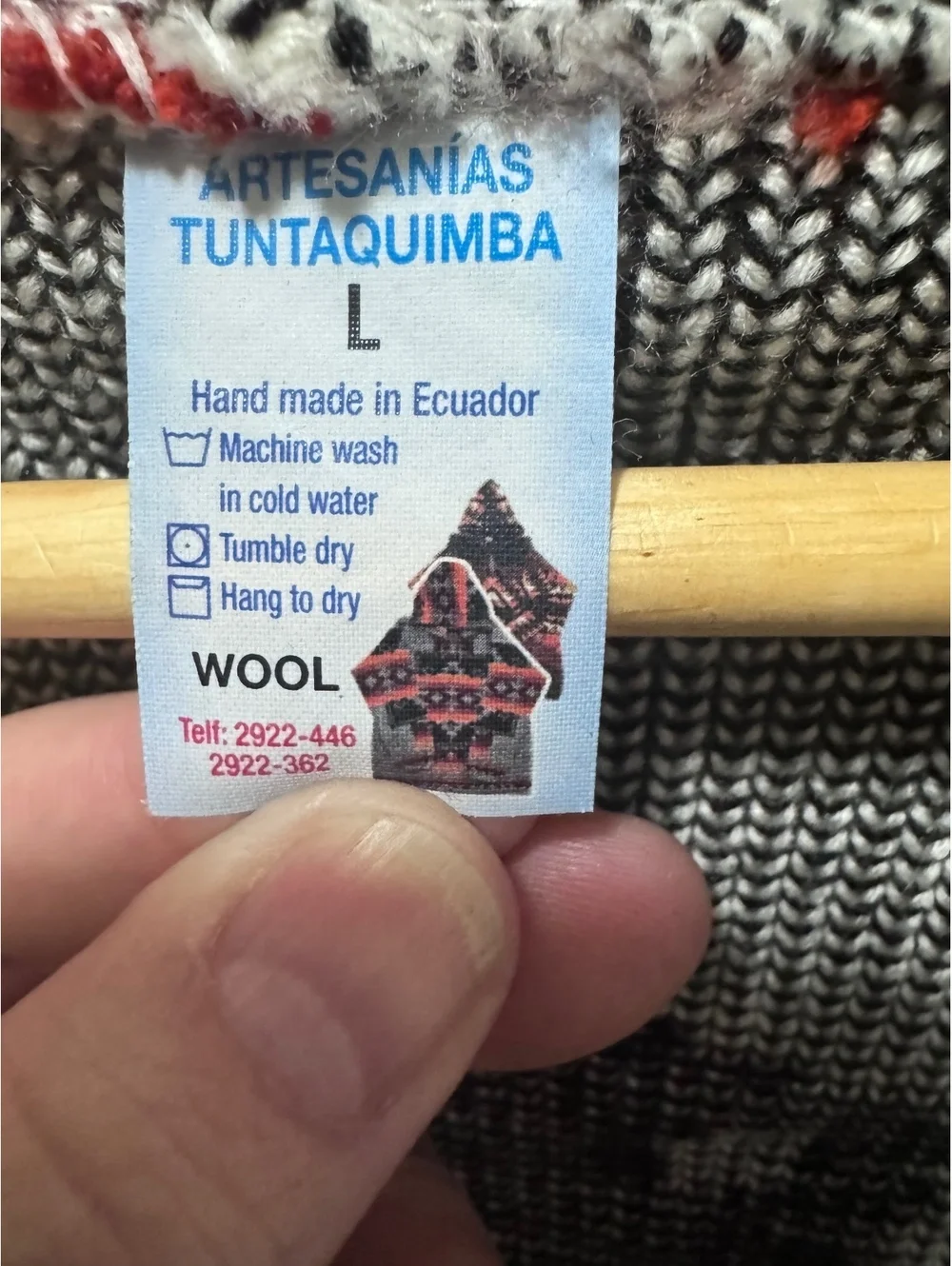 Artesanias Tuntaquimba Wool Zip Hoodie Large Handmade Ecuador Geometric